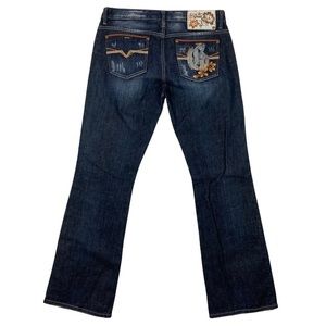 Guess Jeans Foxy Flare Womens Size 31 Stretch Dark Denim Patchwork Embroidered